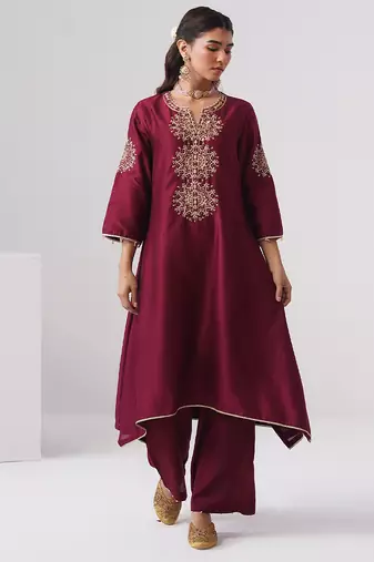 Maroon embroidered chanderi silk kurta set