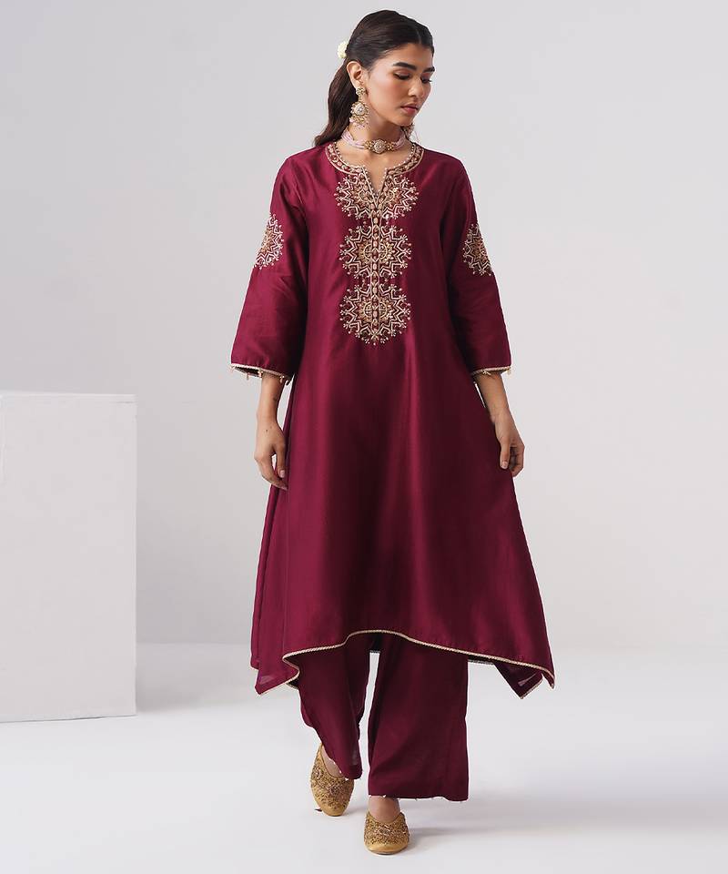 Maroon embroidered chanderi silk kurta set