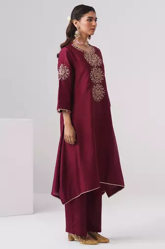Maroon embroidered chanderi silk kurta set