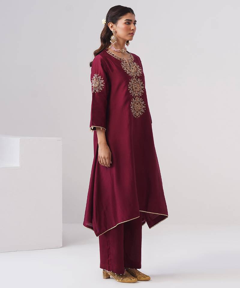 Maroon embroidered chanderi silk kurta set