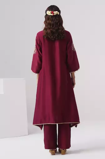 Maroon embroidered chanderi silk kurta set