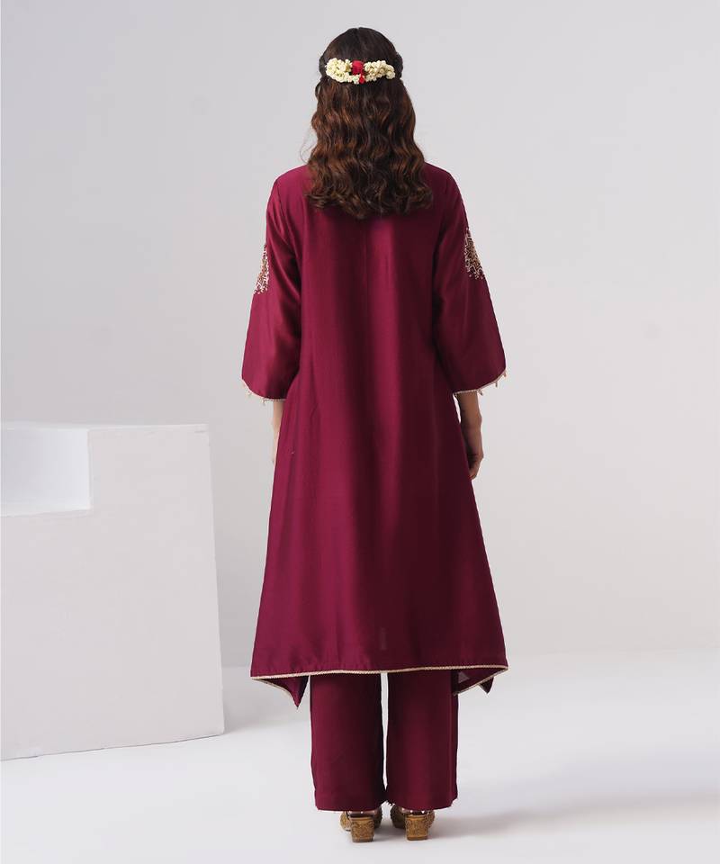 Maroon embroidered chanderi silk kurta set