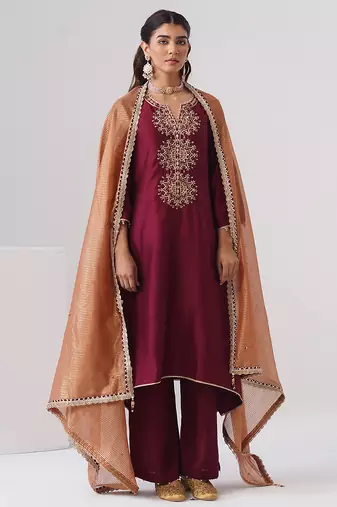 Maroon embroidered chanderi silk kurta set