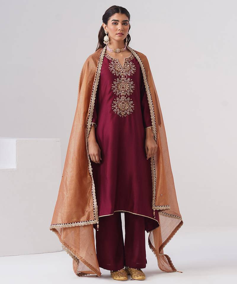 Maroon embroidered chanderi silk kurta set