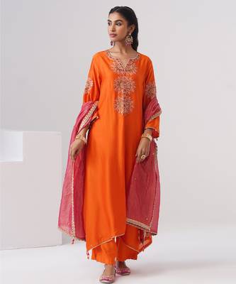 Orange embroidered chanderi silk kurta set 1