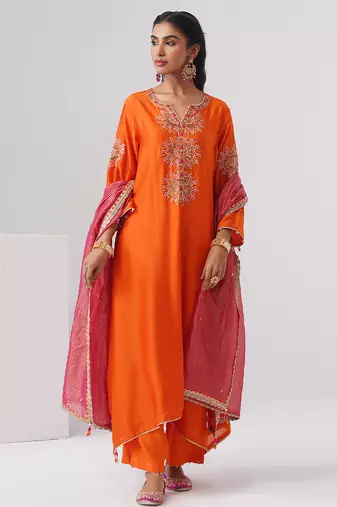 Orange embroidered chanderi silk kurta set