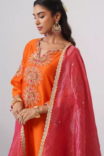 Orange embroidered chanderi silk kurta set