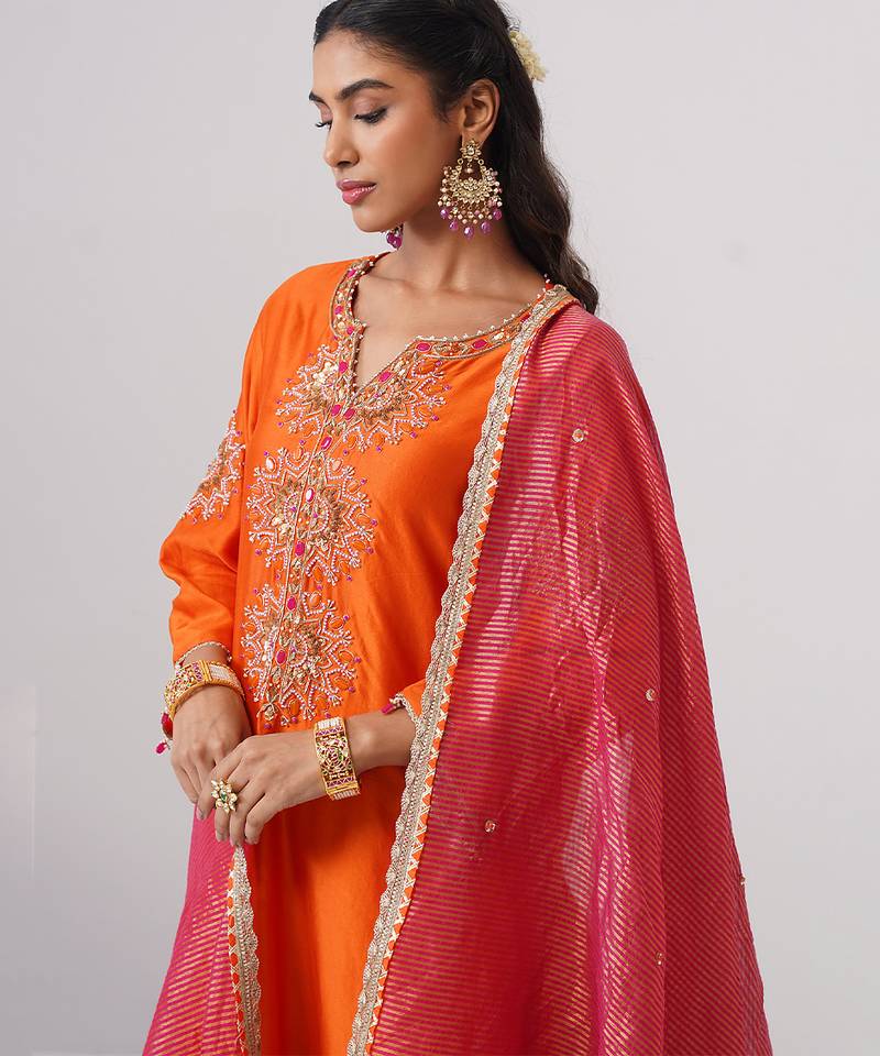 Orange embroidered chanderi silk kurta set