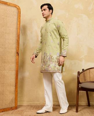 PISTA GREEN VISCOSE SILK THREAD & SEQUINS EMBROIDERED WORK WEDDING FESTIVAL MARRIAGE PARTY WEAR STRAIGHT MENS KURTA 6