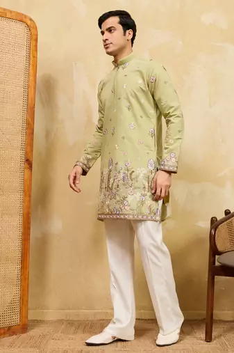 PISTA GREEN VISCOSE SILK THREAD & SEQUINS EMBROIDERED WORK WEDDING FESTIVAL MARRIAGE PARTY WEAR STRAIGHT MENS KURTA
