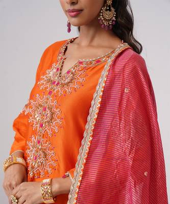 Orange embroidered chanderi silk kurta set 3