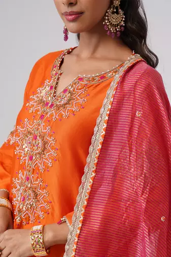 Orange embroidered chanderi silk kurta set