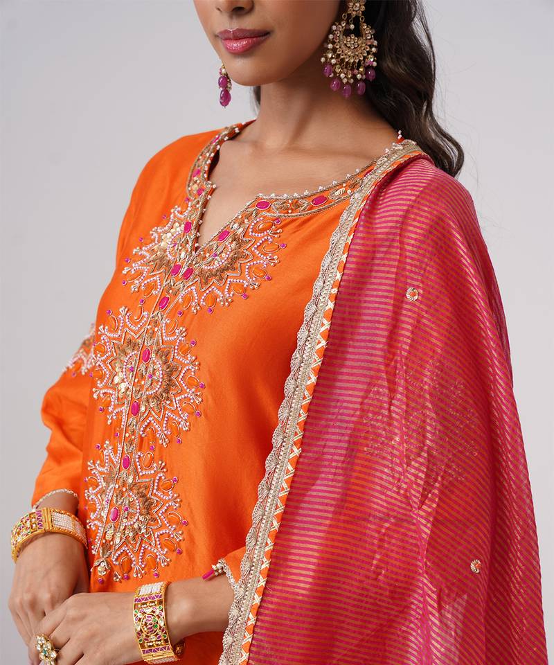 Orange embroidered chanderi silk kurta set
