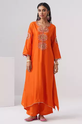 Orange embroidered chanderi silk kurta set