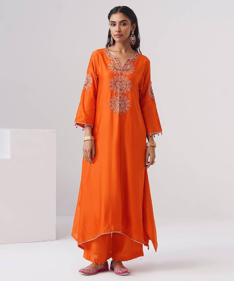 Orange embroidered chanderi silk kurta set