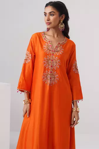 Orange embroidered chanderi silk kurta set