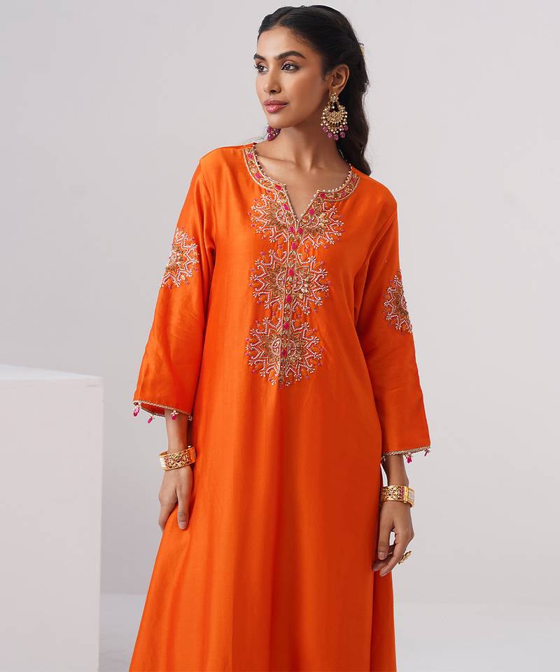 Orange embroidered chanderi silk kurta set