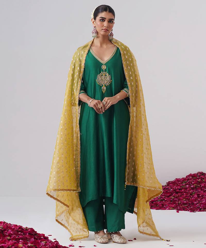 Green embroidered chanderi silk kurta set