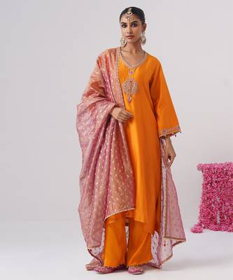 Orange embroidered chanderi silk kurta set 1