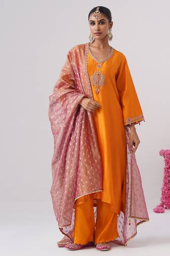 Orange embroidered chanderi silk kurta set