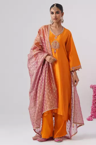 Orange embroidered chanderi silk kurta set