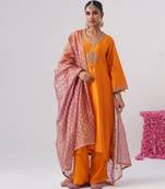 Orange embroidered chanderi silk kurta set
