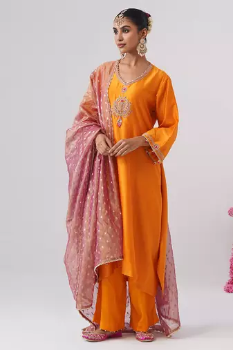 Orange embroidered chanderi silk kurta set