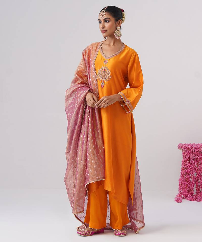 Orange embroidered chanderi silk kurta set