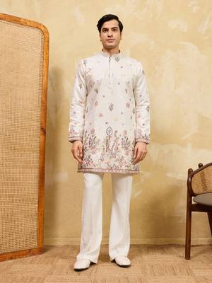 WHITE VISCOSE SILK THREAD & SEQUINS EMBROIDERED WORK WEDDING FESTIVAL MARRIAGE PARTY WEAR STRAIGHT MENS KURTA 7
