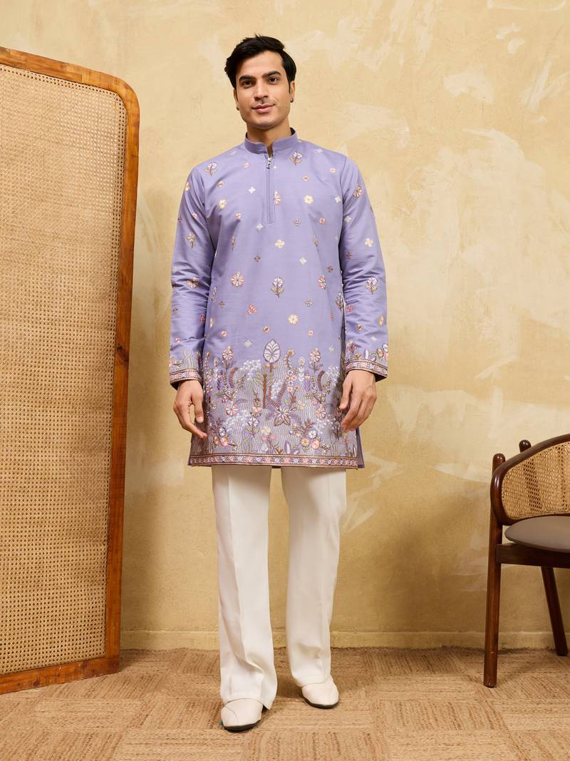 LAVENDER VISCOSE SILK THREAD & SEQUINS EMBROIDERED WORK WEDDING FESTIVAL MARRIAGE PARTY WEAR STRAIGHT MENS KURTA