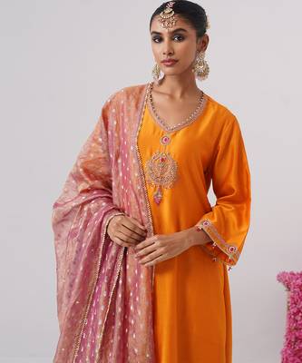 Orange embroidered chanderi silk kurta set 3