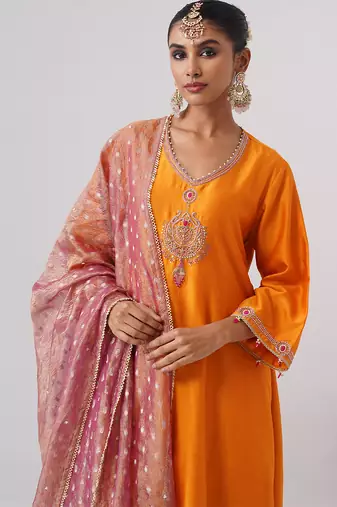 Orange embroidered chanderi silk kurta set