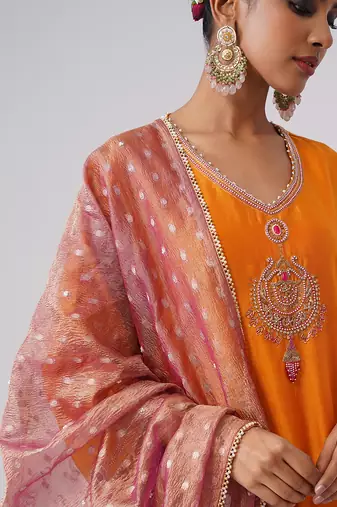 Orange embroidered chanderi silk kurta set