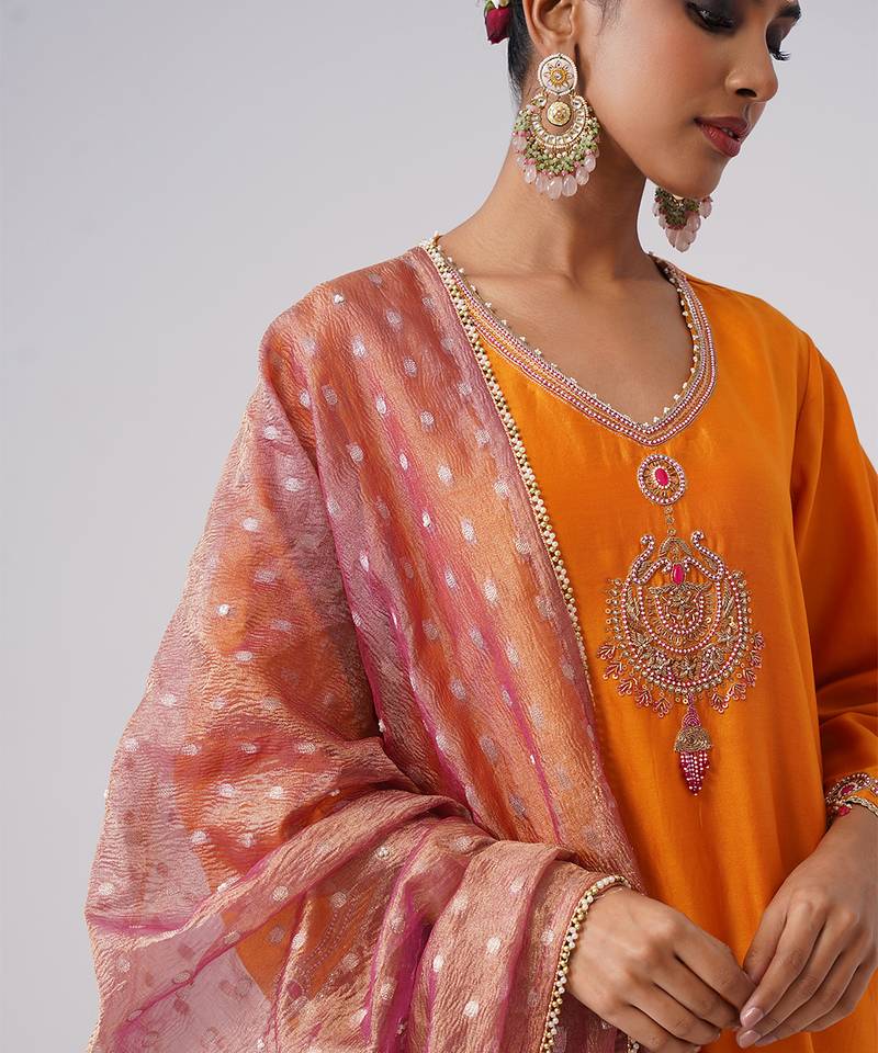 Orange embroidered chanderi silk kurta set