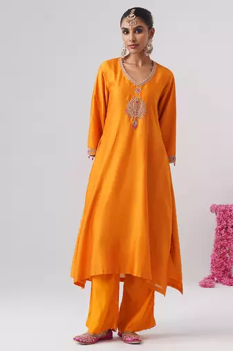 Orange embroidered chanderi silk kurta set