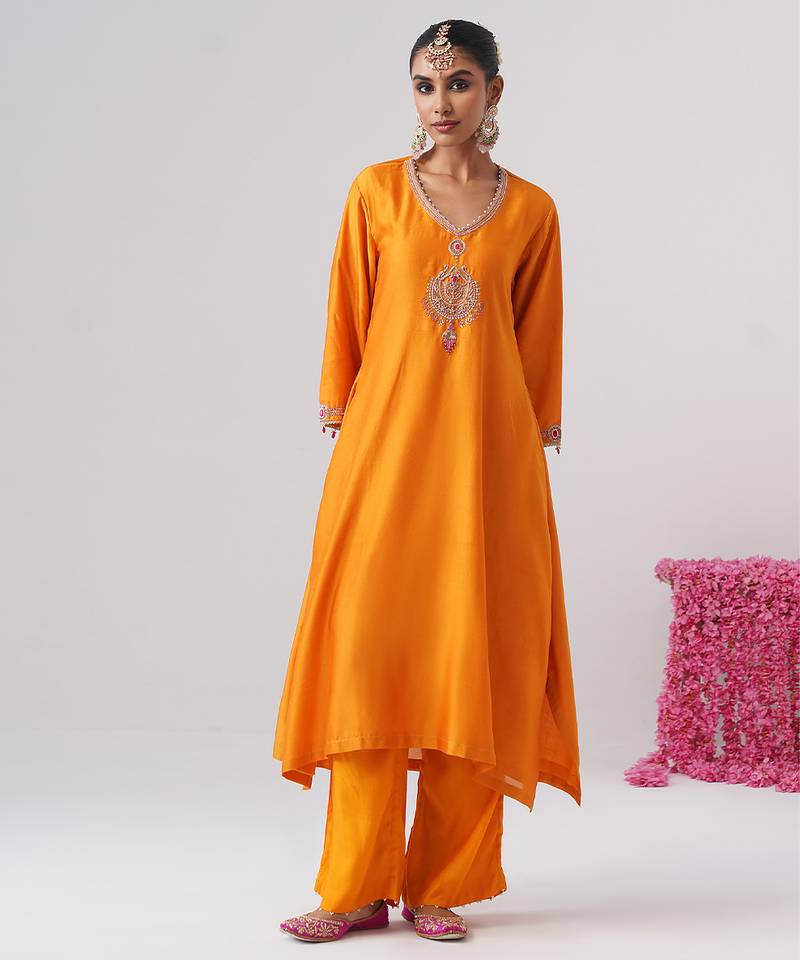 Orange embroidered chanderi silk kurta set