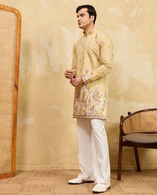 YELLOW VISCOSE SILK THREAD & SEQUINS EMBROIDERED WORK WEDDING FESTIVAL MARRIAGE PARTY WEAR STRAIGHT MENS KURTA 6