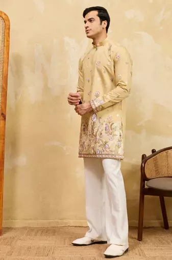 YELLOW VISCOSE SILK THREAD & SEQUINS EMBROIDERED WORK WEDDING FESTIVAL MARRIAGE PARTY WEAR STRAIGHT MENS KURTA