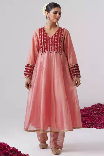 Pink embroidered silk kurta set