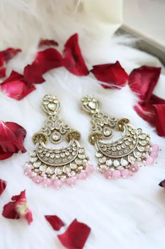 Pink bead chandbali earrings