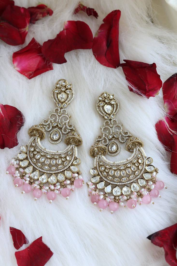 Pink bead chandbali earrings