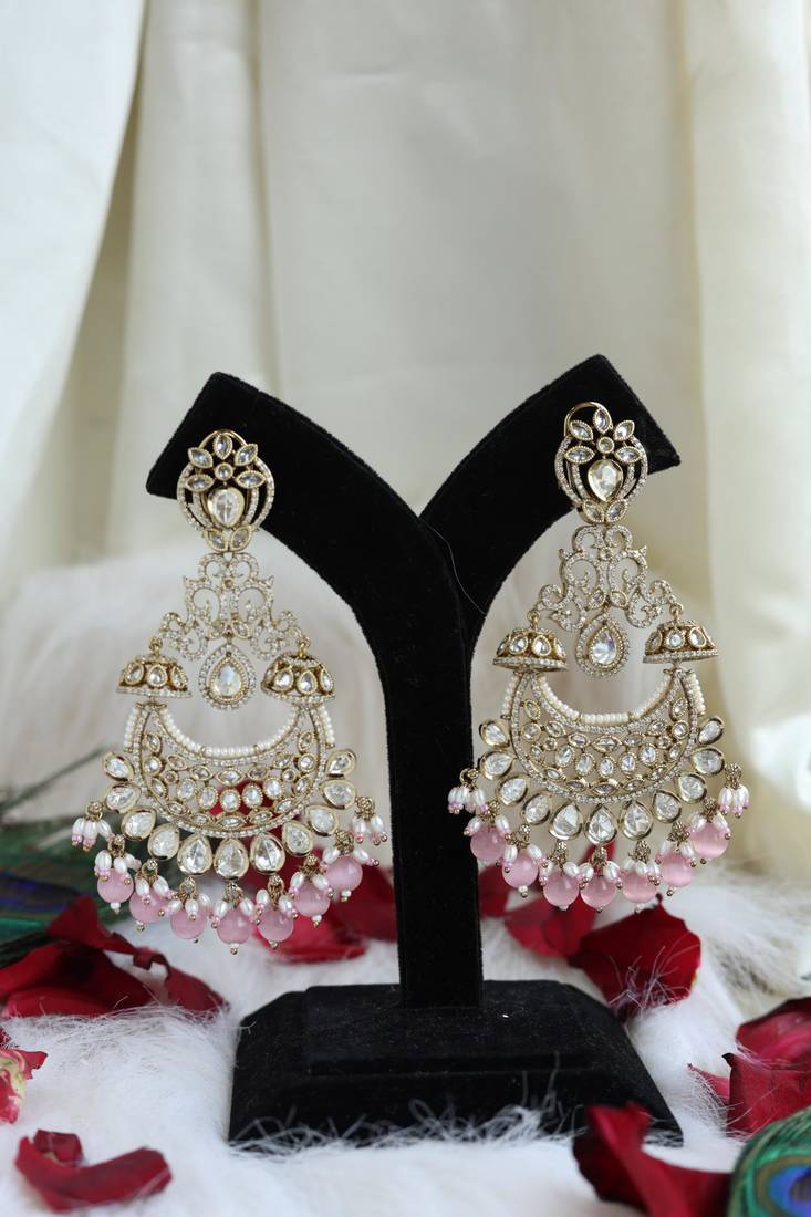 Pink bead chandbali earrings