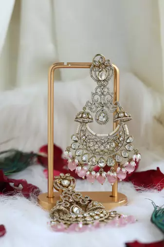Pink bead chandbali earrings