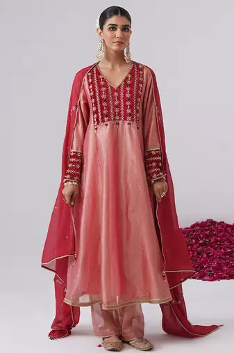 Pink embroidered silk kurta set