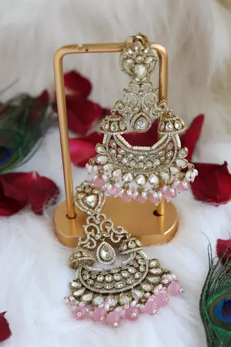 Pink bead chandbali earrings