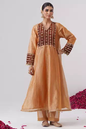 Orange embroidered silk kurta set