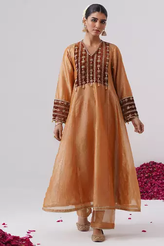 Orange embroidered silk kurta set