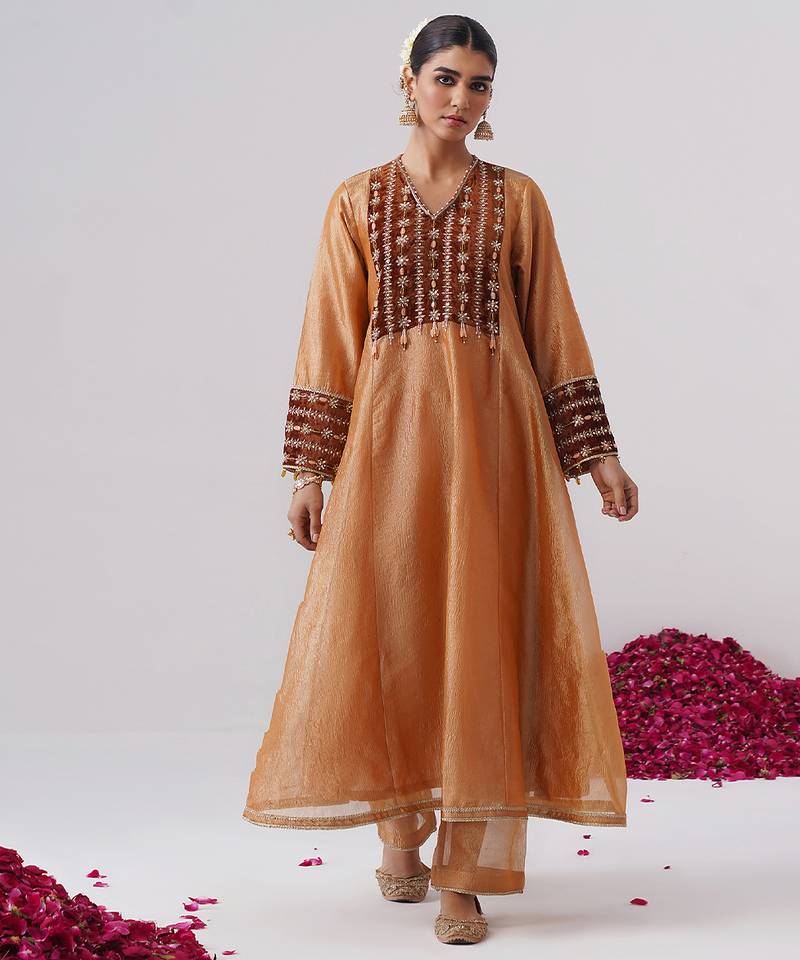 Orange embroidered silk kurta set