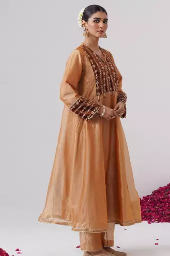 Orange embroidered silk kurta set