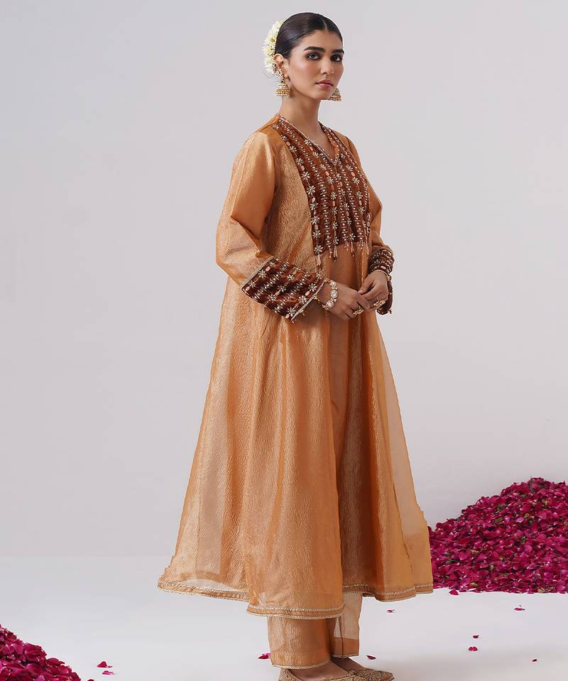 Orange embroidered silk kurta set